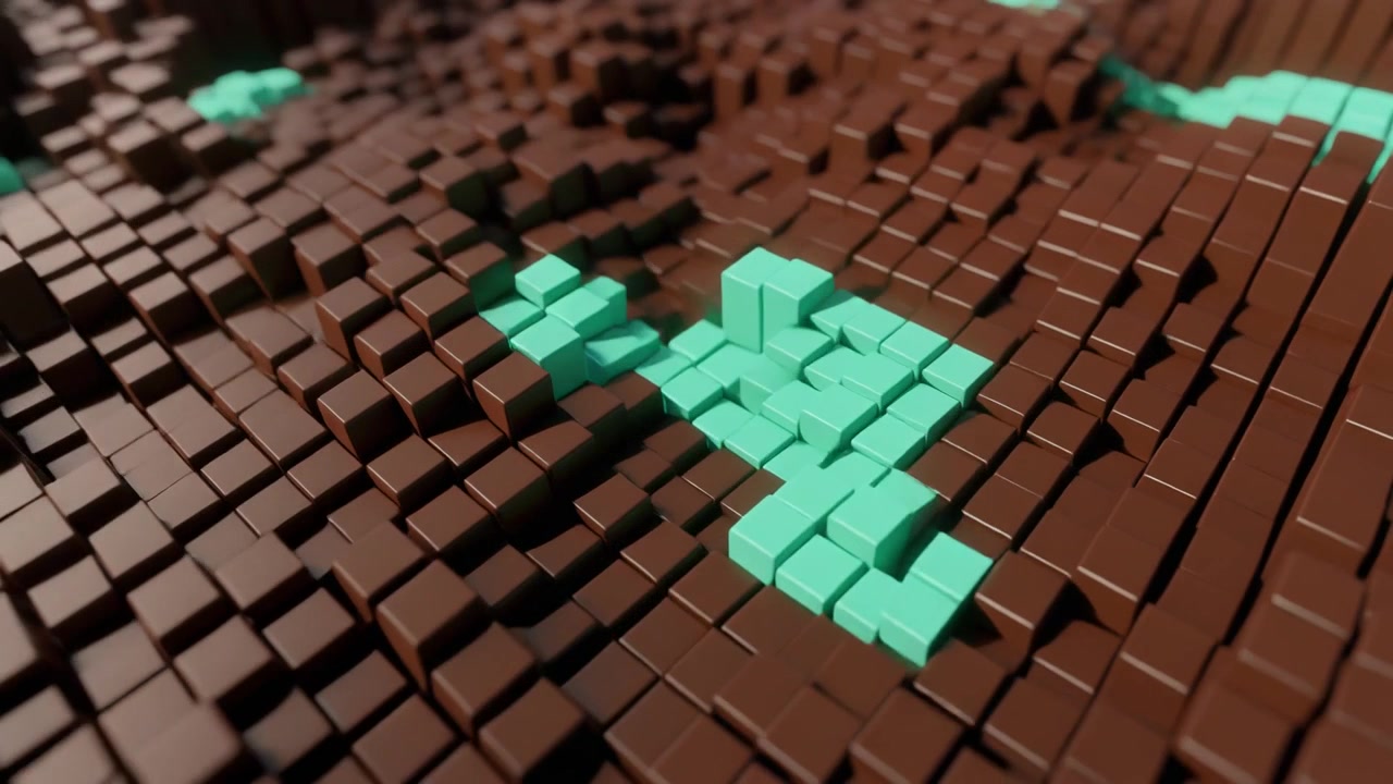 Abstract 3D Animation of Moving Brown and Mint Green Cubes