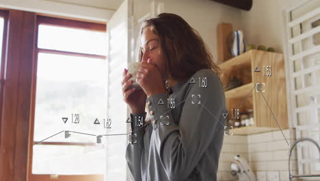 woman enjoying coffee in kitchen with data processing animation overlay