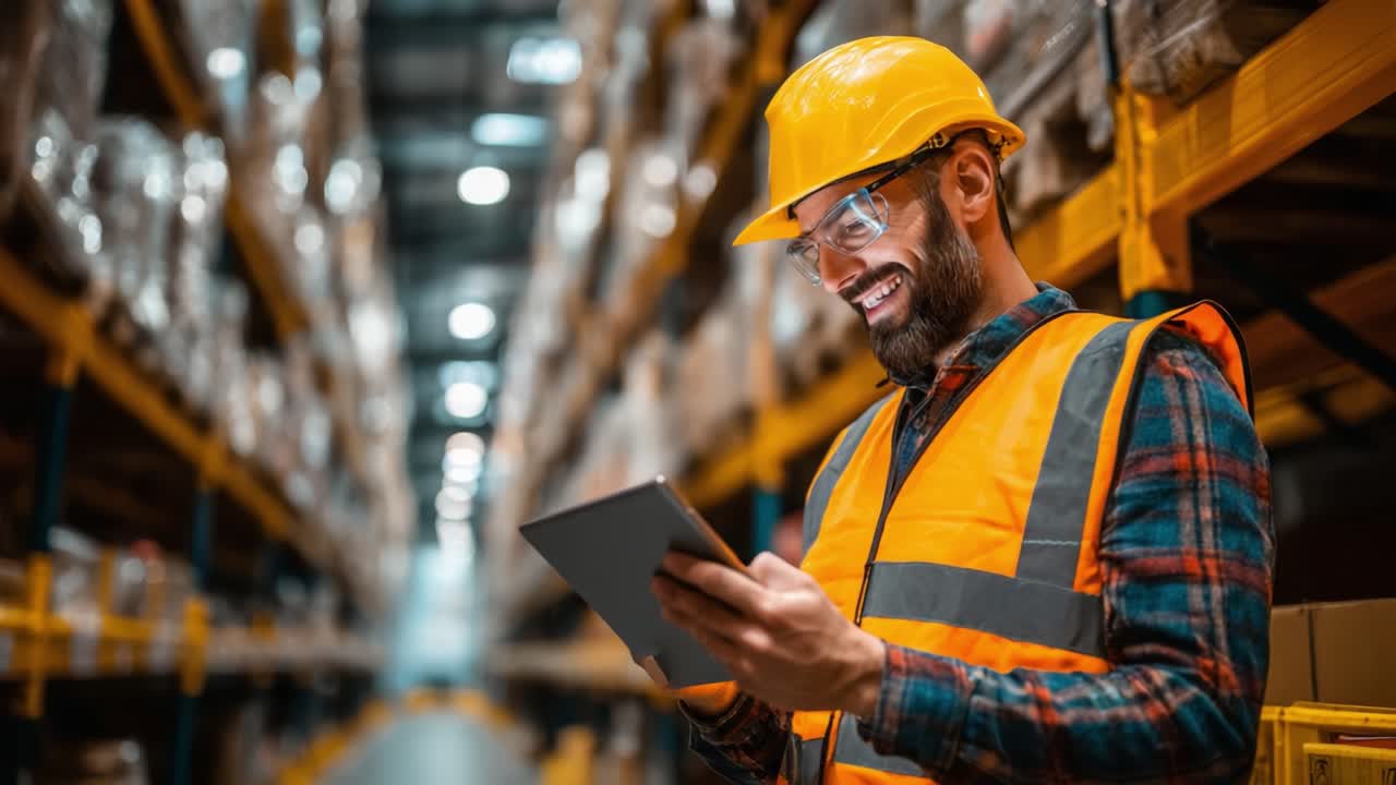 Un magazziniere con indumenti protettivi sorride mentre utilizza un tablet, mostrando l'integrazione della tecnologia nella logistica e nella gestione dell'inventario