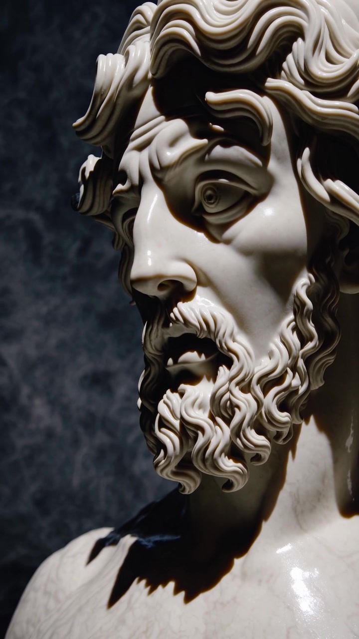 Primo piano di scultura classica in marmo di un uomo barbuto