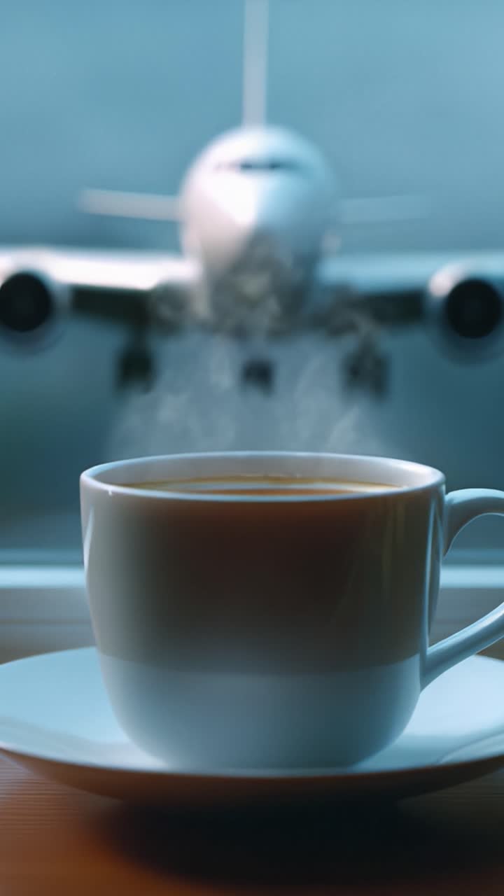 Una tazza di caffè fumante poggia su un tavolo con un aereo sullo sfondo, evidenziando un momento di relax tra le avventure di viaggio.