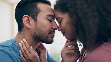 couple, embrace and love at home with closeup