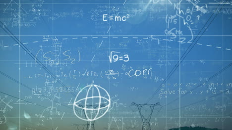 mathematical equations and scientific formulas animation over power lines and blue sky