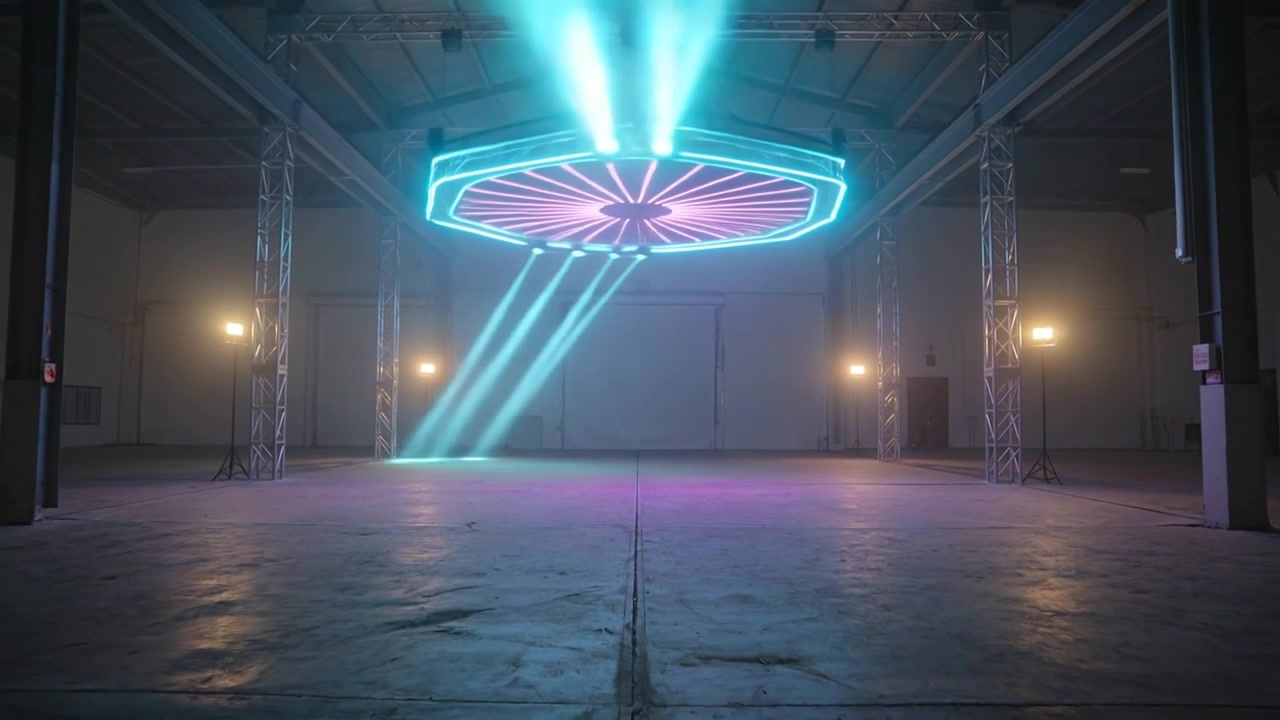 Powering octagonal LED rig sweeping teal beams across warehouse hall for lighting rehearsal
