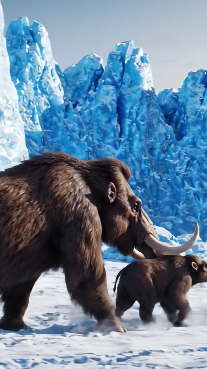 Eine Mammutfamilie auf der Reise durch eine atemberaubende Eisberglandschaft, die die Majestät des prähistorischen Lebens in einer gefrorenen Umgebung darstellt.