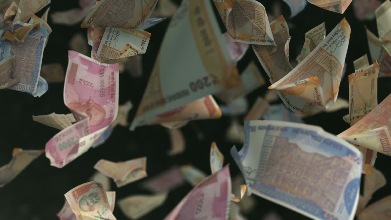 Falling Indian Rupee banknotes 4K Loop