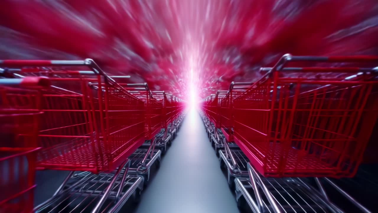A Dynamic Perspective Through a Corridor of Red Shopping Carts Leading to a Bright Center, Evoking a Sense of Motion and Anticipation in a Retail Environment