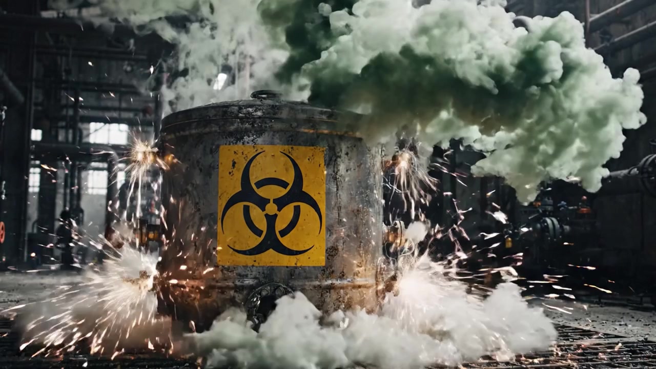 A hazardous biohazard container emits a green, toxic smoke in an industrial setting, highlighting the dangers of chemical exposure in a deserted factory environment.