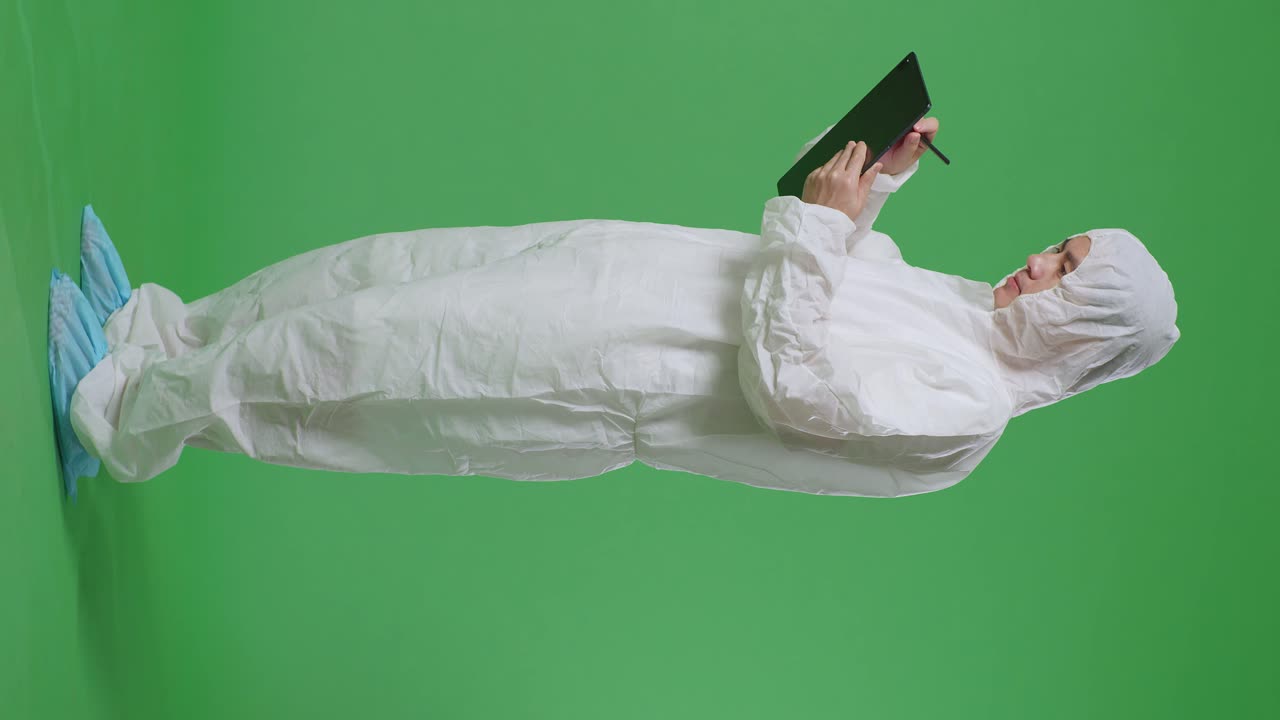 녹색 스크린 배경에 서서 태블릿에 메모를 취하는 아시아 남성 과학자의 측면 시선으로 가득 찬 몸