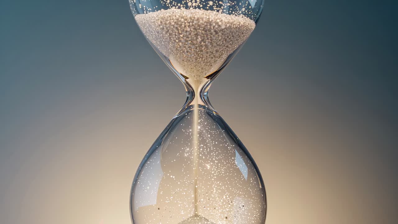 Upon starting, clear hourglass pouring beige sand into lower chamber in studio, building sand mound