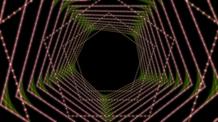 Pink trajectory forming a pentagon on the black background.