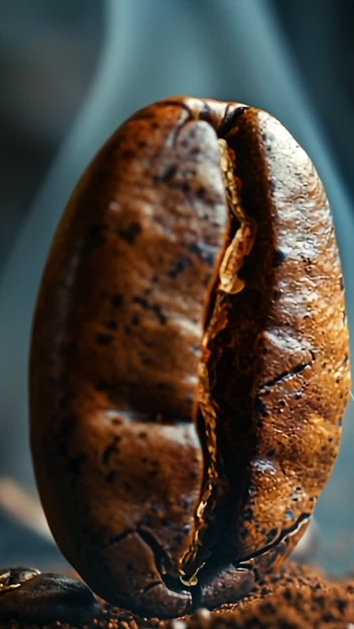 Bean in fragrant grounds. A large roasted coffee bean stands out amidst freshly ground coffee and scattered beans, creating a rich aroma.