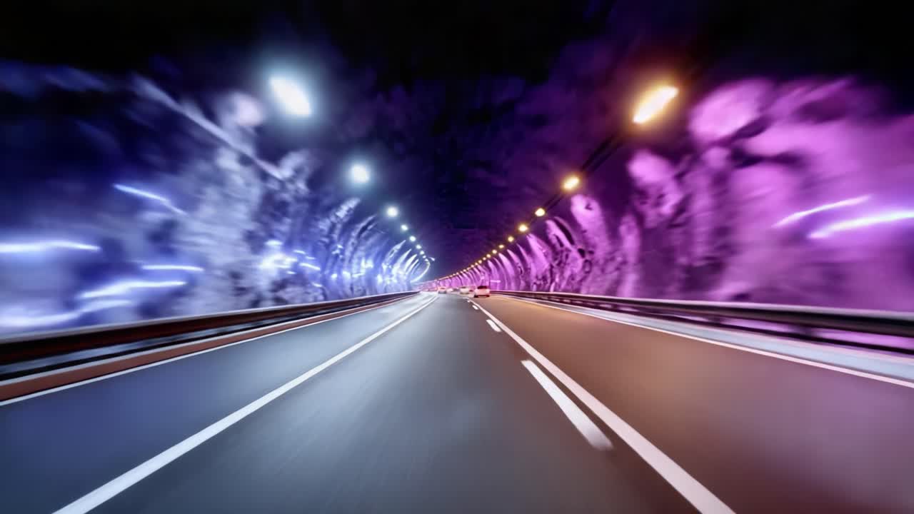 Un viaggio accattivante attraverso un tunnel illuminato in modo vivace: prova il movimento dinamico e l'illuminazione colorata di un viaggio notturno che evoca entusiasmo e avventura