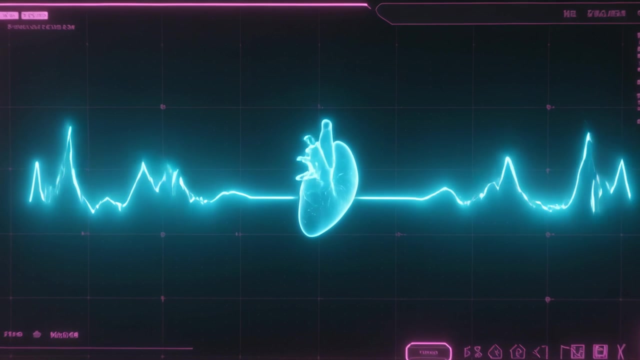 Si forma un cuore olografico ciano mentre una linea ciano centrale si illumina su una console fioca con una cornice rosa neon.