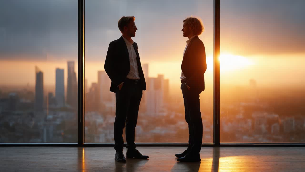 Conversazione di lavoro in controluce al tramonto: due professionisti impegnati in una discussione con lo skyline della città sullo sfondo, ripresi in un ufficio urbano