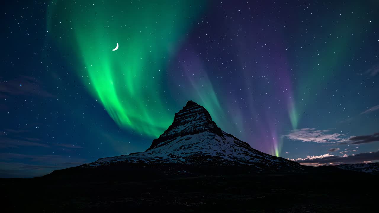Starting green ribbon, shimmering aurora curtains expanding above snowy peak, lighting slopes