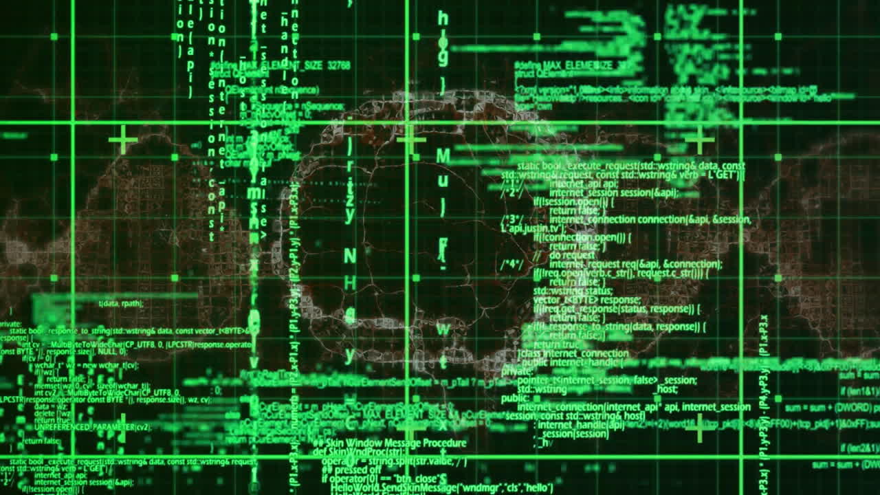 Digital code and data processing animation over green grid background
