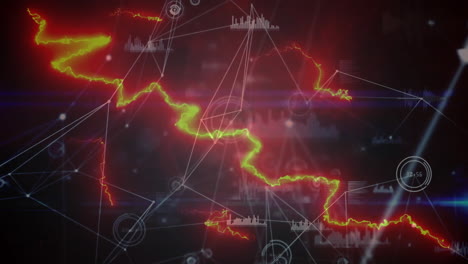 animated interface displaying glowing red haiti outline, highlighting data nodes and bar charts