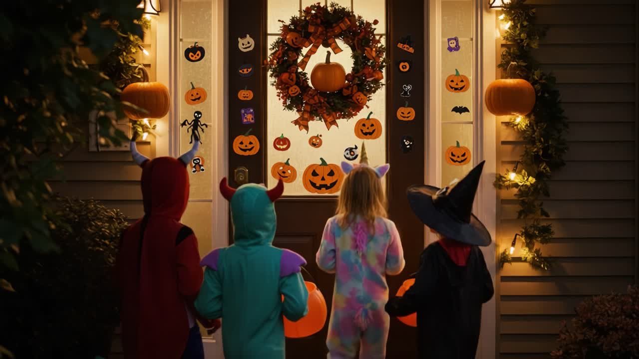 A Group of Children in Costumes Excitedly Approaching a Halloween Themed Door with Decorations and Pumpkins During the Festive Season