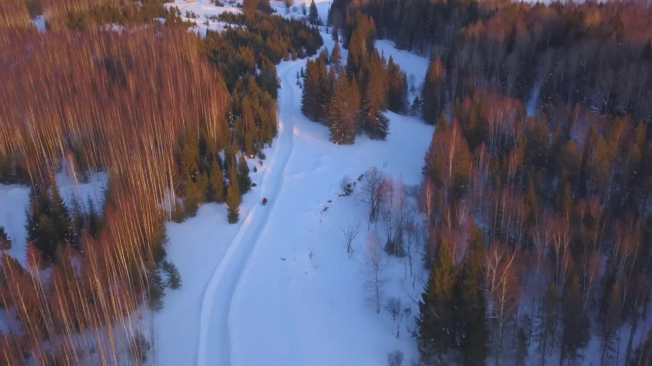 Paesaggio invernale con bosco innevato e villaggio