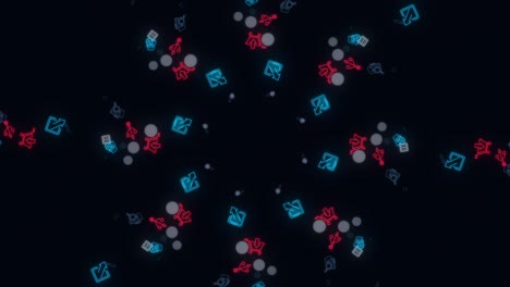 animación de bucle sin costuras. animación. animación abstracta de neón multicolor red de redes sociales emojis iconos que giran en espiral sobre el fondo negro