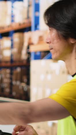 vertical video fulfillment center staff engages in airway bills scanning for order tracking