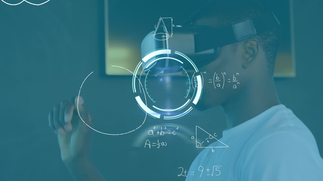 Animation of scope scanning and mathematical equations over businessman wearing vr headset in office