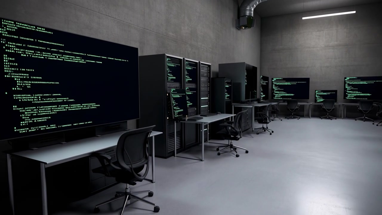 servers in a data center interior with metallic surfaces and plastic components, neutral professional setting, wide angle shot from slightly elevated perspective, technology industry, data.