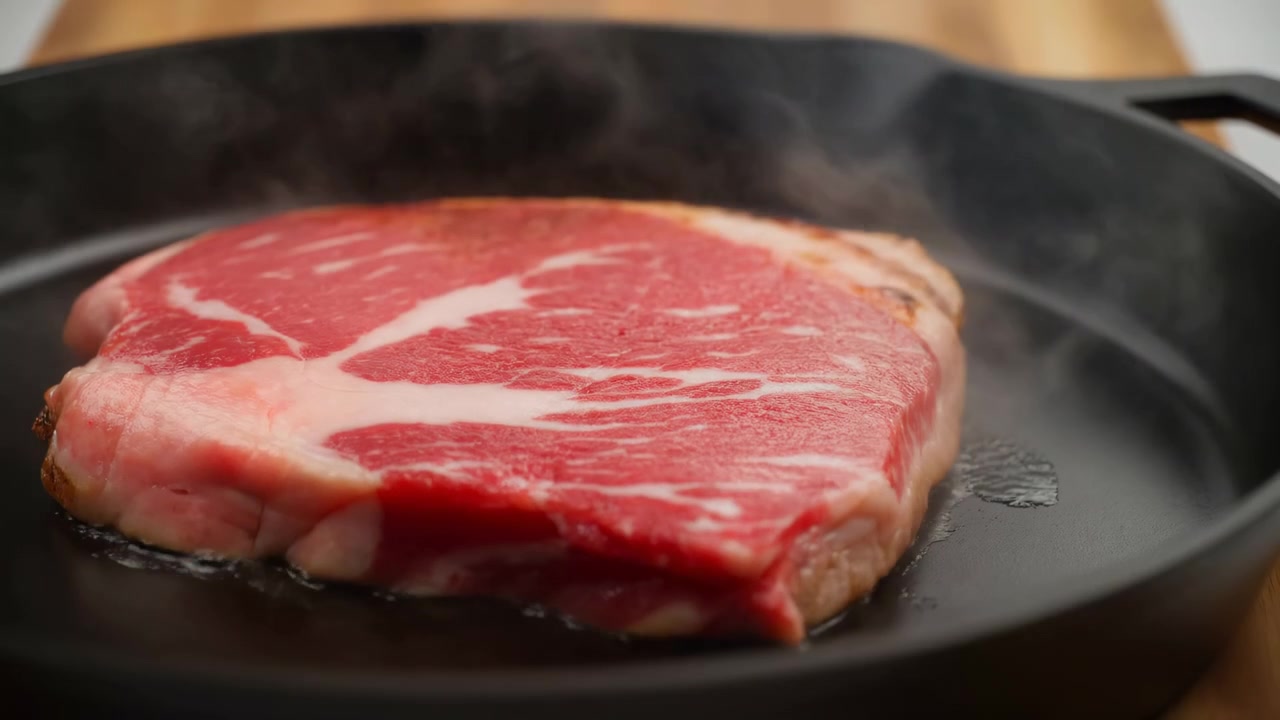 Costata di manzo cruda che sfrigola su una padella rovente, sfrigolio ravvicinato mentre la bistecca incontra la superficie di ghisa, succhi sottili che luccicano.