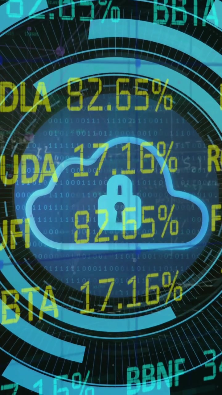 Animation of stock market data processing over security padlock and cloud icon on round scanner