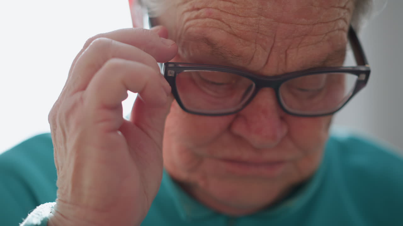 Elderly woman adjusting glasses with her hand, focusing on reading, looking slightly frustrated while touching her glasses, seated indoors with bright natural light in the background