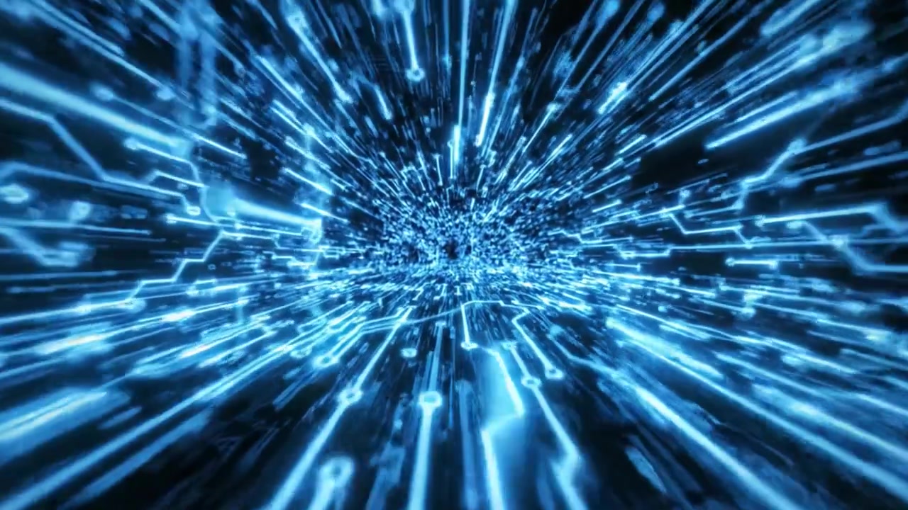 A Stunning Frame of Dynamic Digital Patterns Pulsating with Electric Blue Lights, Capturing the Essence of Motion and Energy in a High-Tech Environment
