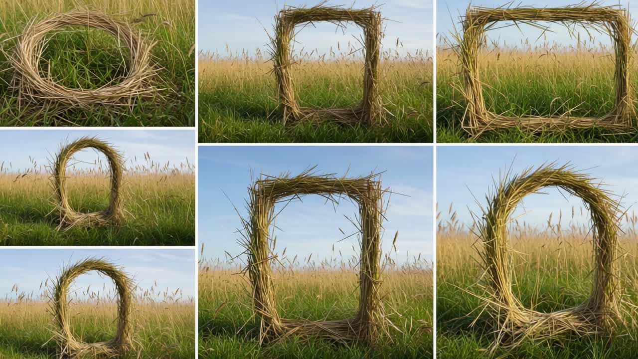 Exploring Nature's Frames: A Series of Straw Structures Set Against a Lush Green Field Under a Clear Sky, Showcasing Unique Shapes and Textures
