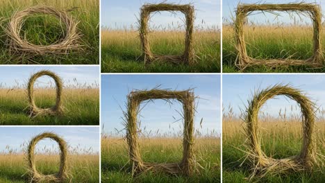 exploring nature's frames: a series of straw structures set against a lush green field under a clear sky, showcasing unique shapes and textures