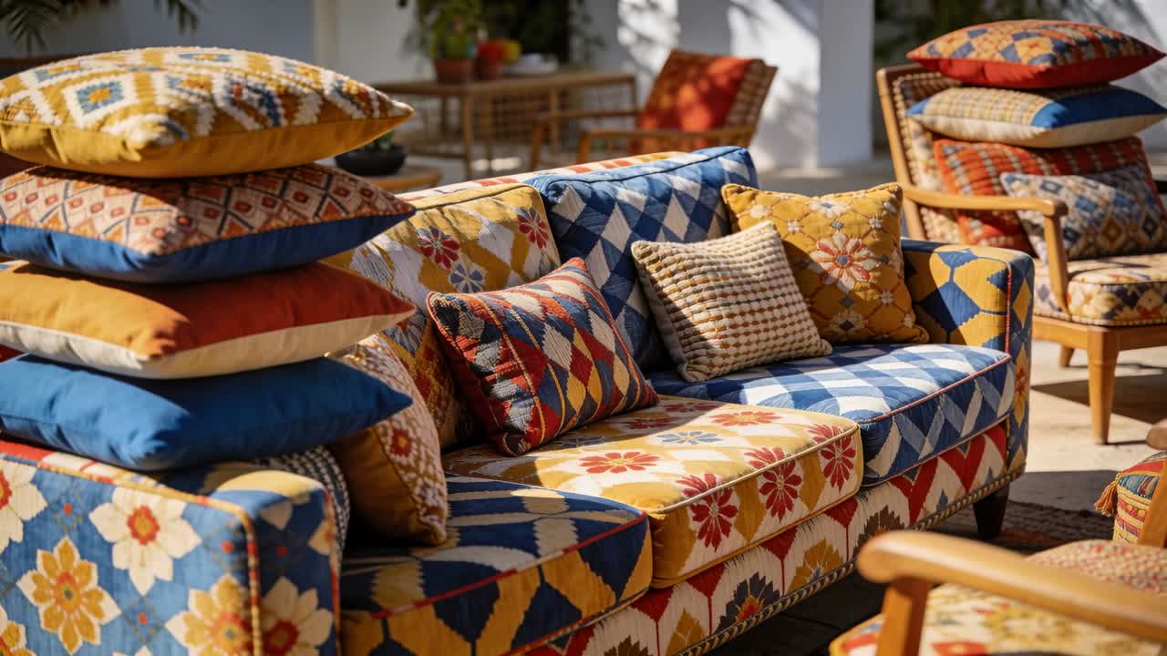 Panning patterned sofa, camera revealing stacked pillows and plant on sunlit patio showing details