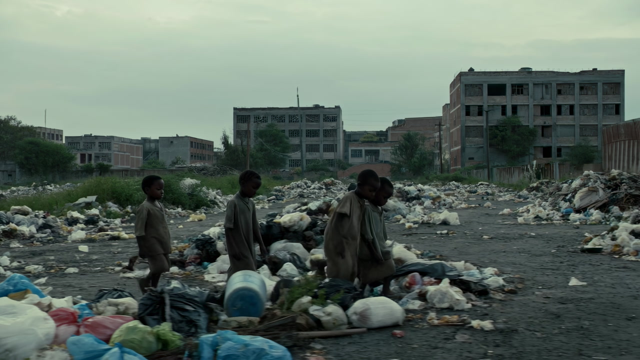 Four Young Boys Walking Through a Vast Garbage Dump