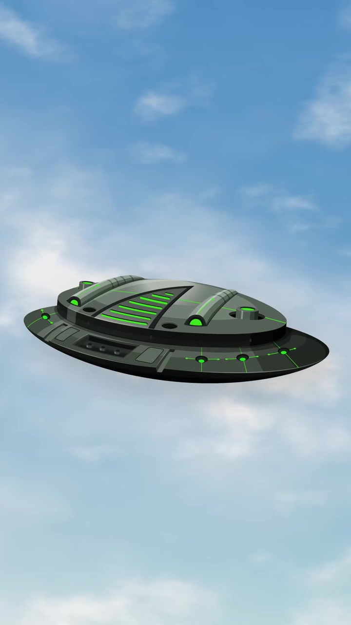 A futuristic metallic saucer with green lights floats against a bright blue cloudy sky.