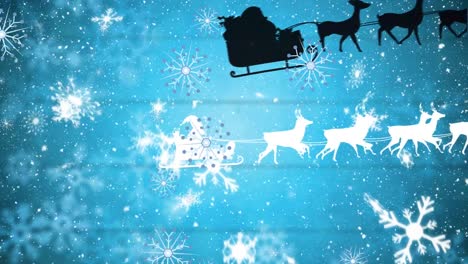 Animation-of-santa-claus-in-sleigh-with-reindeer-over-snow-falling
