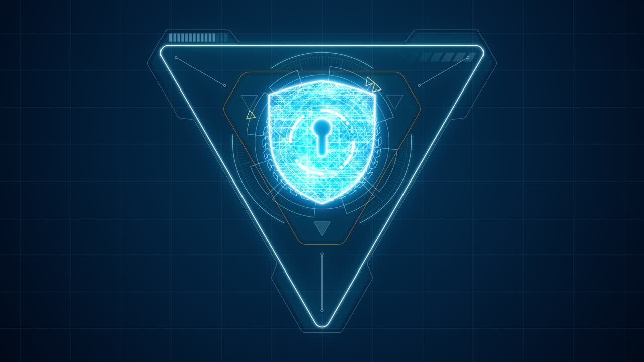 gráfico de movimiento del escudo de seguridad azul con rotación de triángulo y círculo con pantalla de cabeza hacia arriba ( hud ui ) interfaz tecnológica y elementos futuristas fondo abstracto