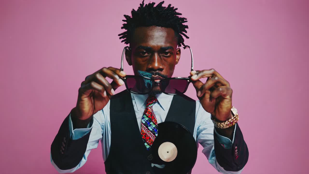 비닐 레코드를 가진 세련된 남자