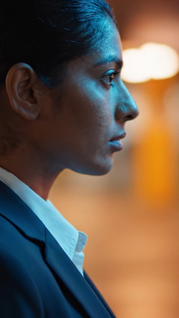 Ritratto di profilo di una donna determinata in abbigliamento da lavoro, che evidenzia la sua espressione concentrata e la sua forte presenza in un ambiente urbano scarsamente illuminato.