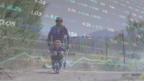 animation of financial data processing over caucasian man and his son working in garden