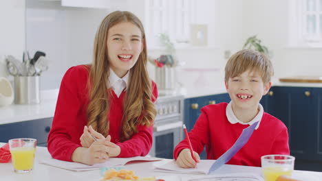 portrait of laughing brother and sister wearing school uniform doing homework on kitchen counter