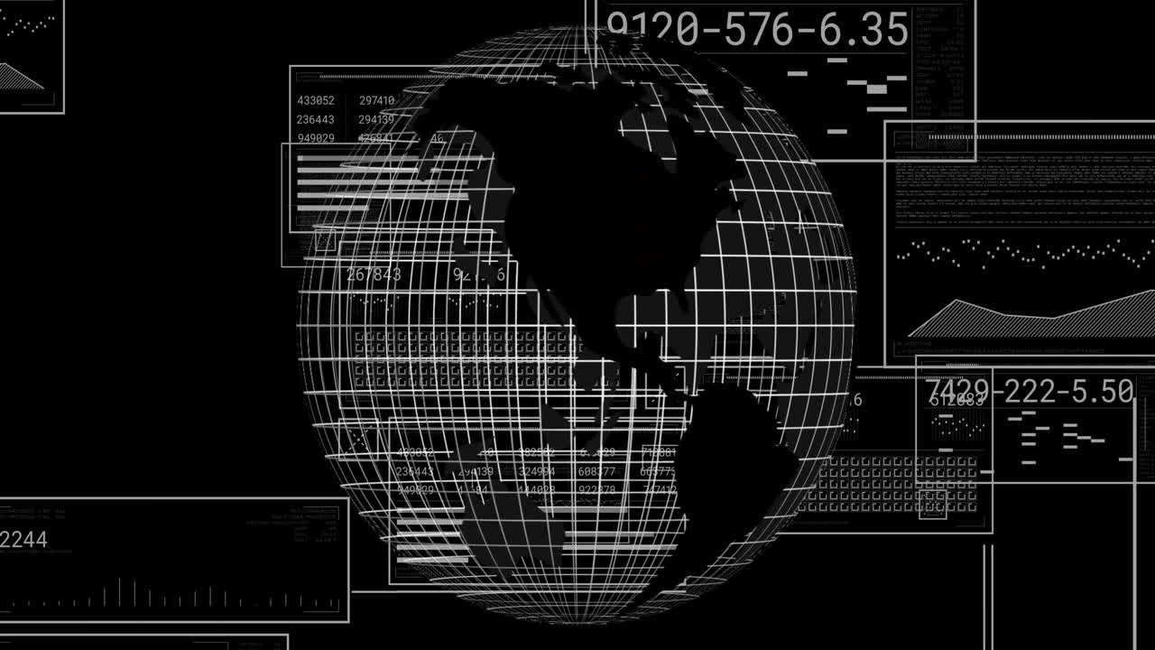 Animation of digital globe rotating with data and numbers overlay on black background