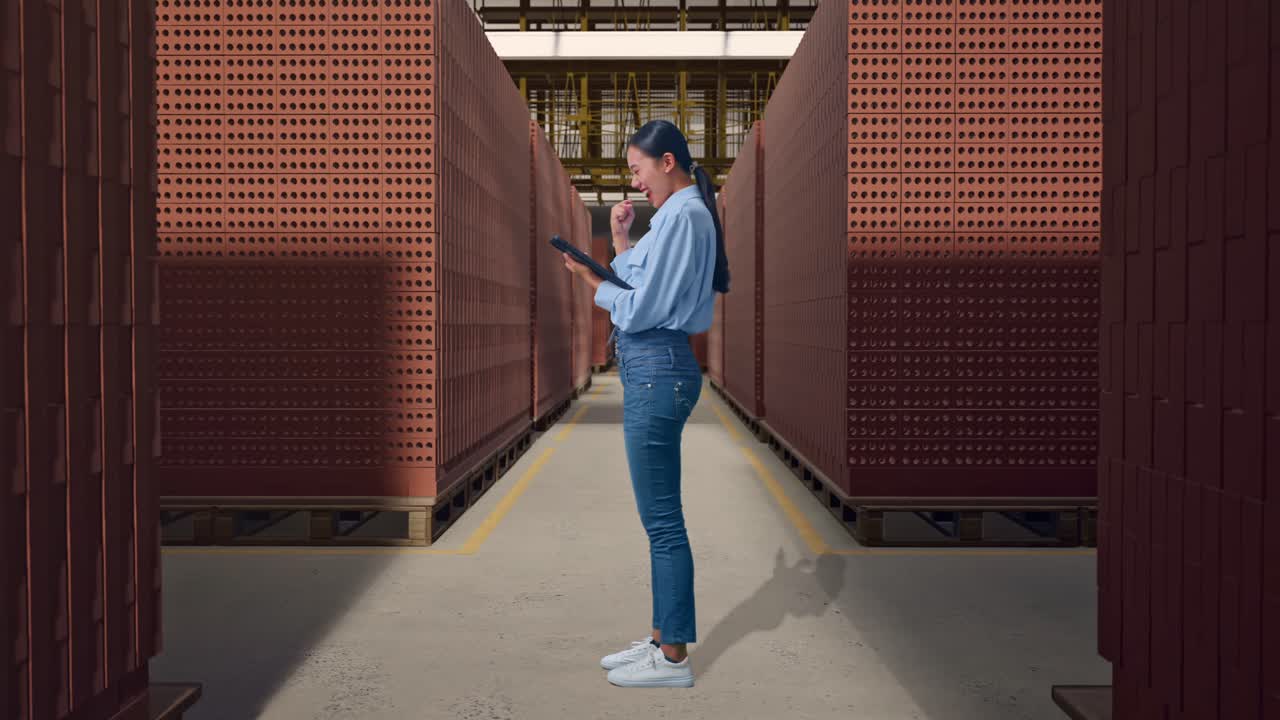Full Body Side View Of Asian Female With Her Tablet With Red Brick Packed in Stacks Are Stored, She Raises Her Fist Up With Screaming Goal