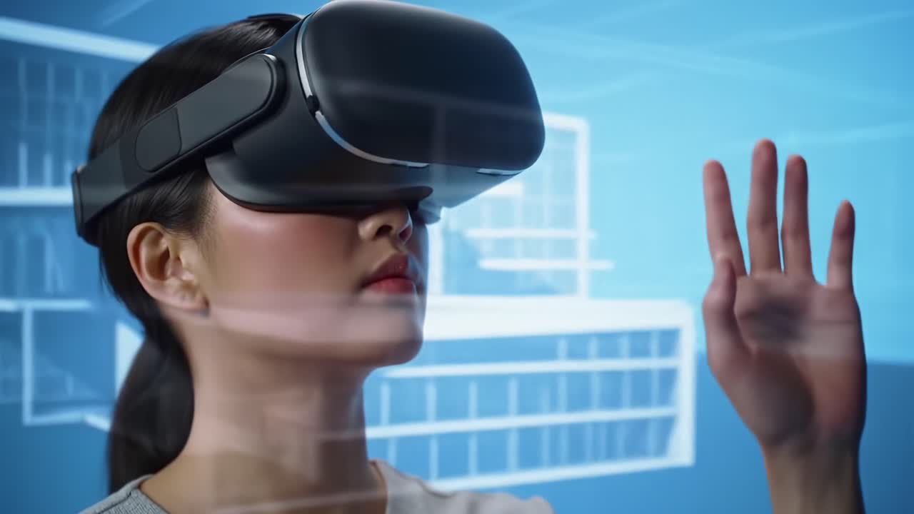 Exploring the Future of Technology: A Young Woman Engaged in Virtual Reality Experience with a Modern VR Headset, Interacting with Interactive Digital Environments