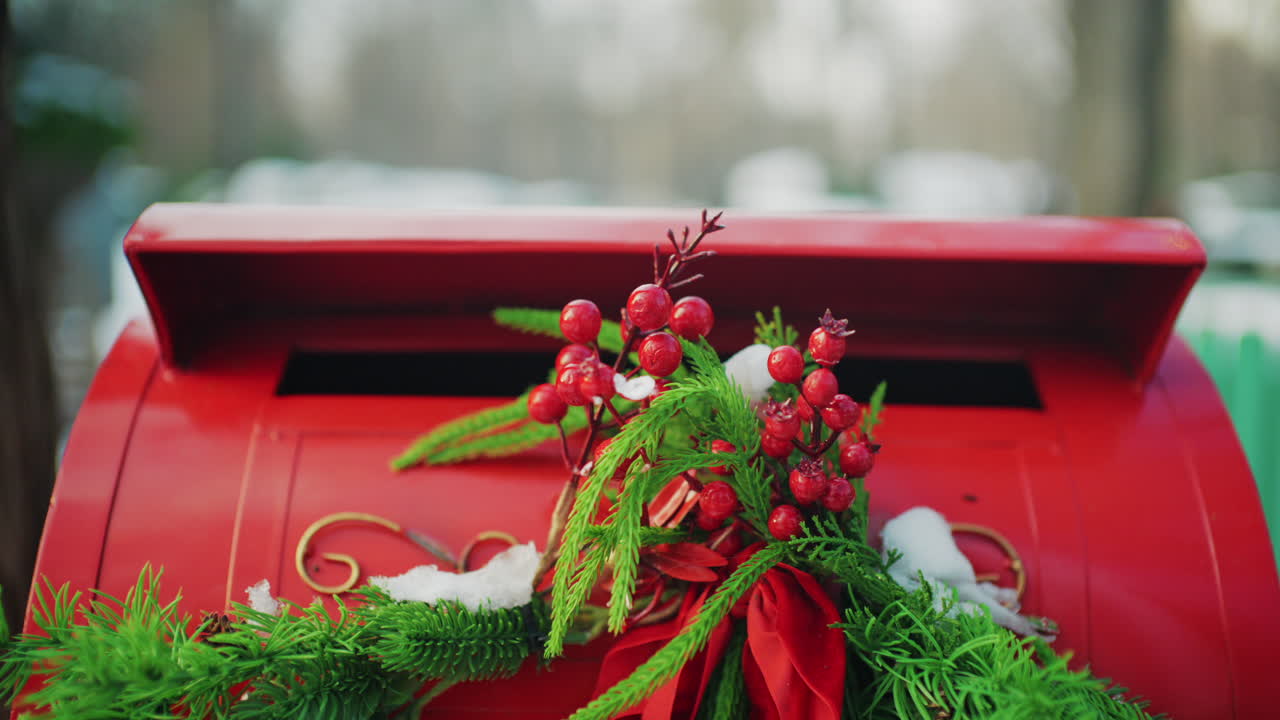 Primo piano di una cassetta delle lettere rossa festiva decorata con rami sempreverdi, bacche rosse e leggera neve.