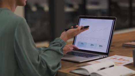 mujer de negocios caucásica sentada en un escritorio usando una computadora portátil y hablando en un teléfono inteligente