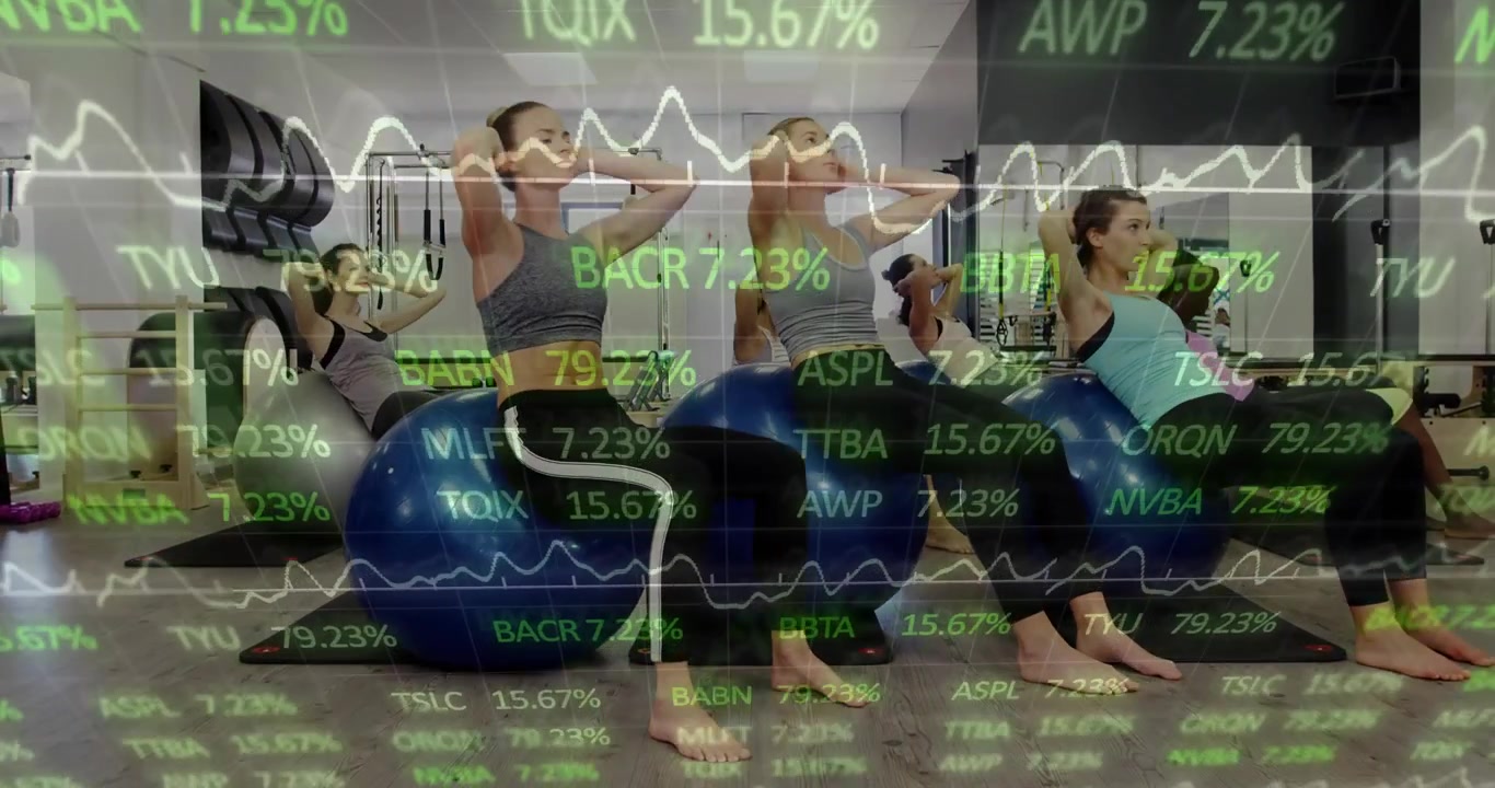Quatro mulheres fazendo abdominais em bolas de ginástica, com gráficos de porcentagem visualizando o progresso.