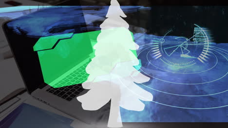 animation of data processing and tree over hands using laptop